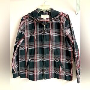 Christopher & Banks Women’s Hooded Jacket, Large, Plaid Black/Pink, Lightweight